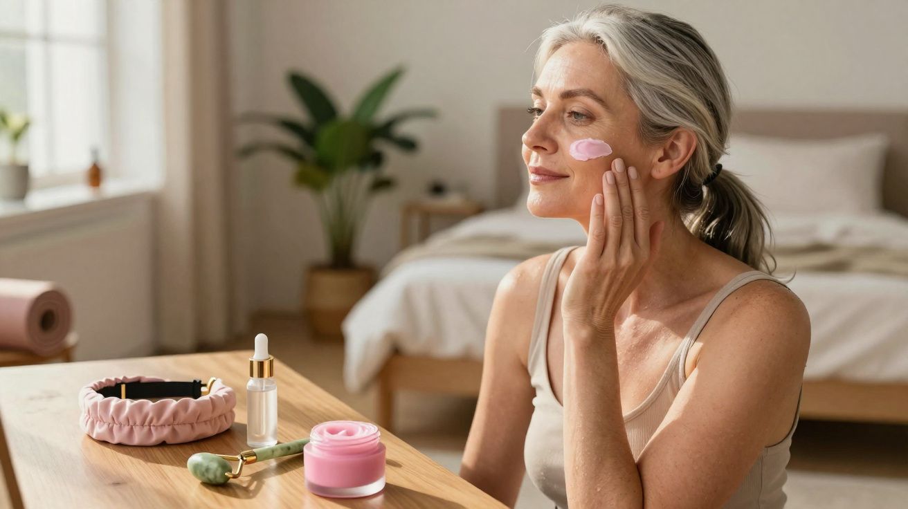 Mulher de meia-idade aplicando creme rosa no rosto em quarto claro e aconchegante.