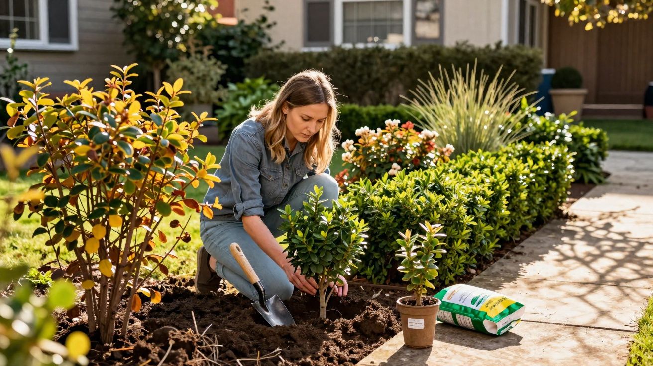 Mulher cuidando de planta em jardim com pá e saco de terra ao lado, em área externa residencial.