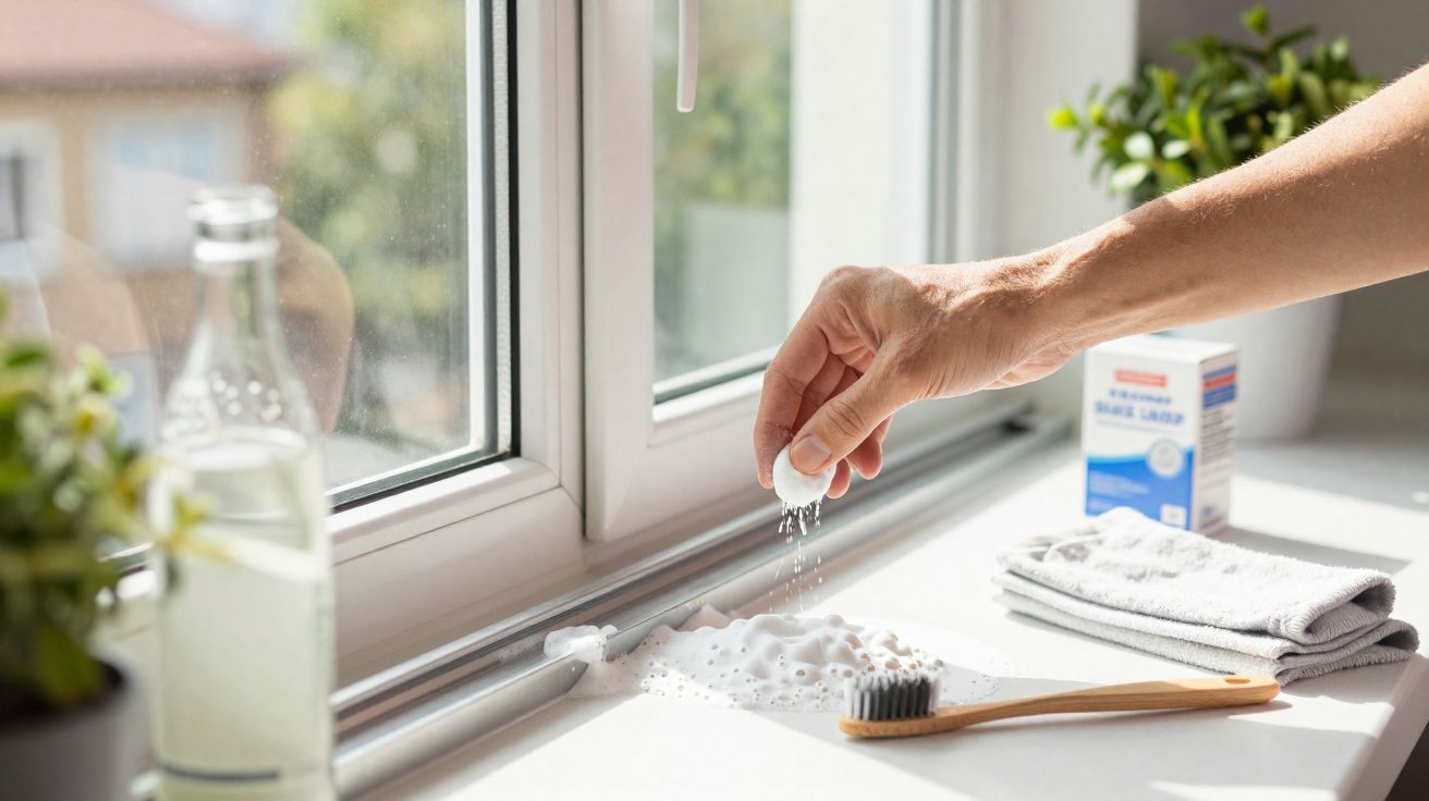 Pessoa esfarelando pastilha efervescente para limpar o trilho da janela com escova de dentes.