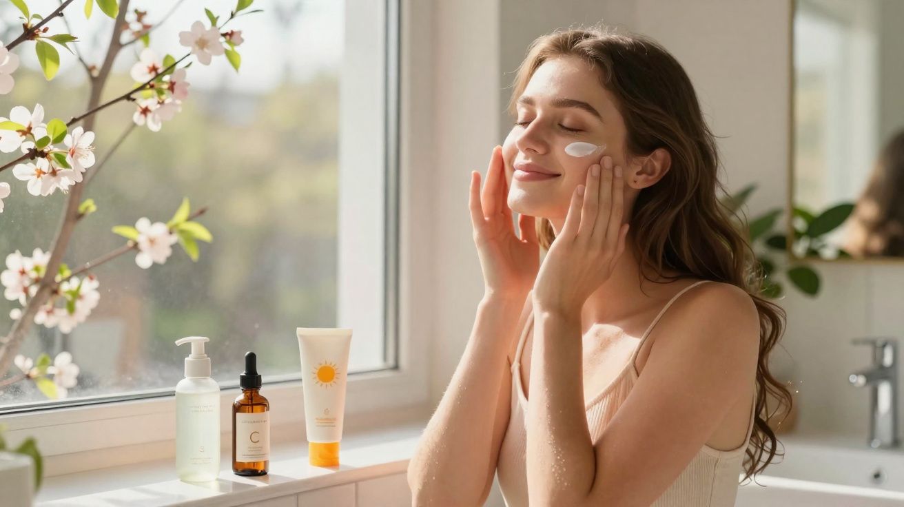 Mulher aplicando creme facial perto da janela com produtos de cuidados para a pele ao lado.