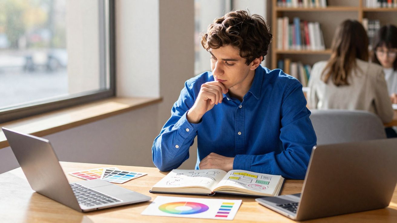 Jovem pensa enquanto trabalha com paletas de cores e esboços entre dois laptops em mesa iluminada pela janela.