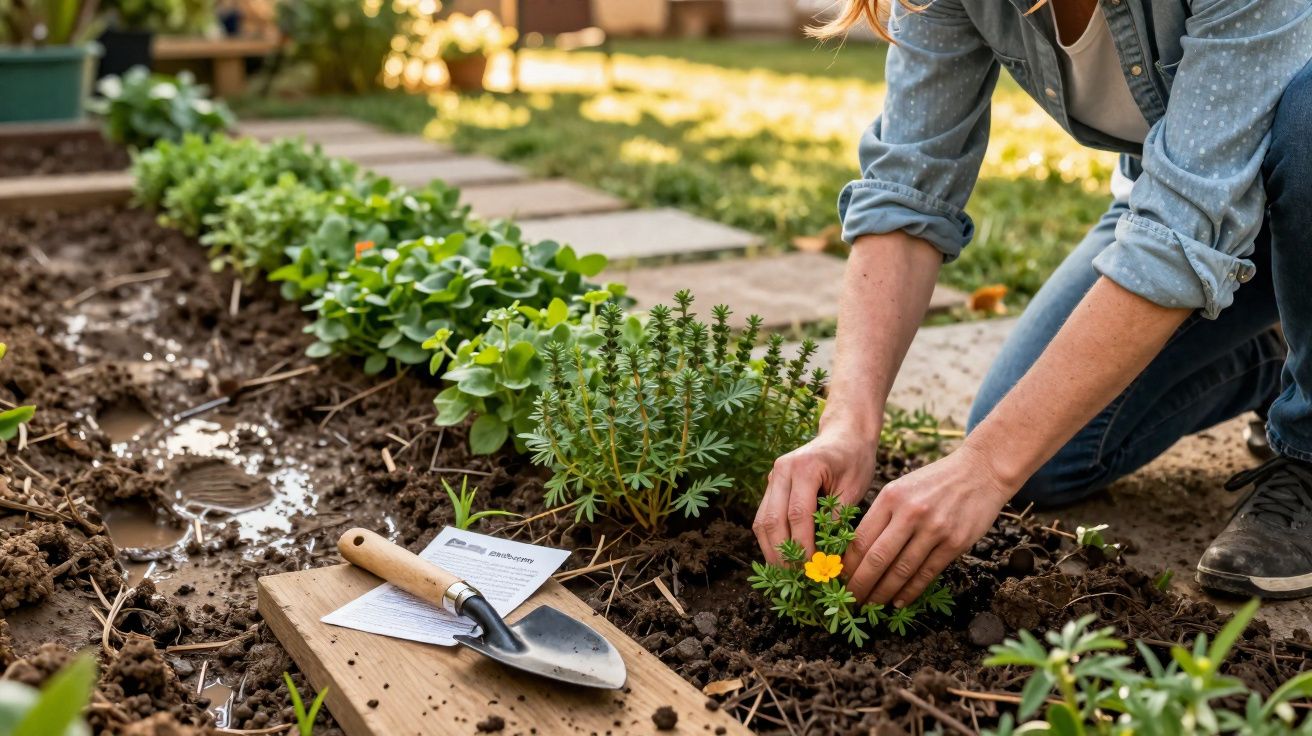 Pessoa plantando flores amarelas em jardim com ferramentas de jardinagem ao lado.