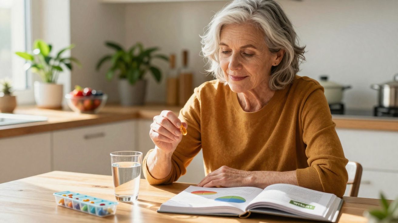 Mulher madura tomando suplemento com copo d'água, sentada em mesa com livro aberto na cozinha iluminada.