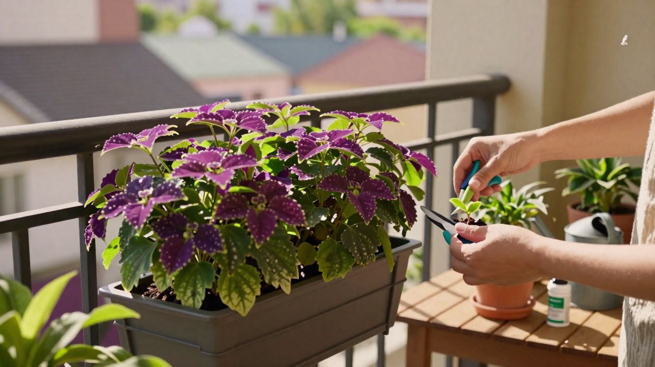 Mãos podando folhas verdes em vaso com planta de folhas roxas no parapeito de sacada ensolarada.