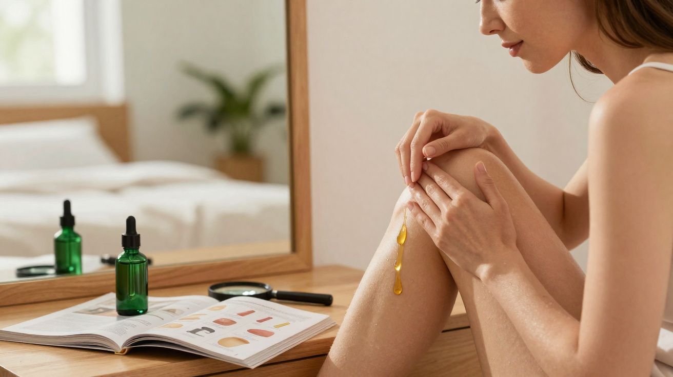 Mulher aplicando óleo corporal nas pernas sentada em frente a espelho com produtos de beleza e revista.