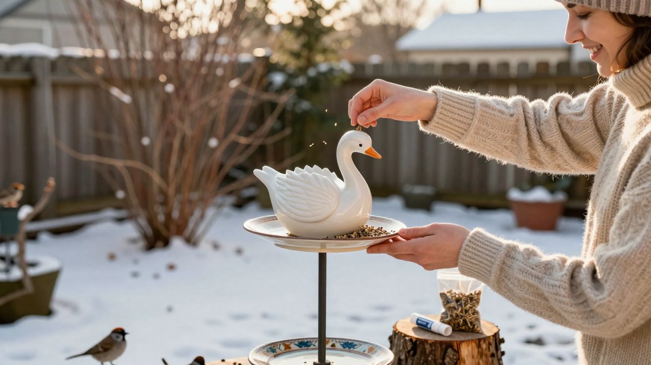 Mulher alimenta pássaros com comedouro de cisne em jardim com neve ao redor.