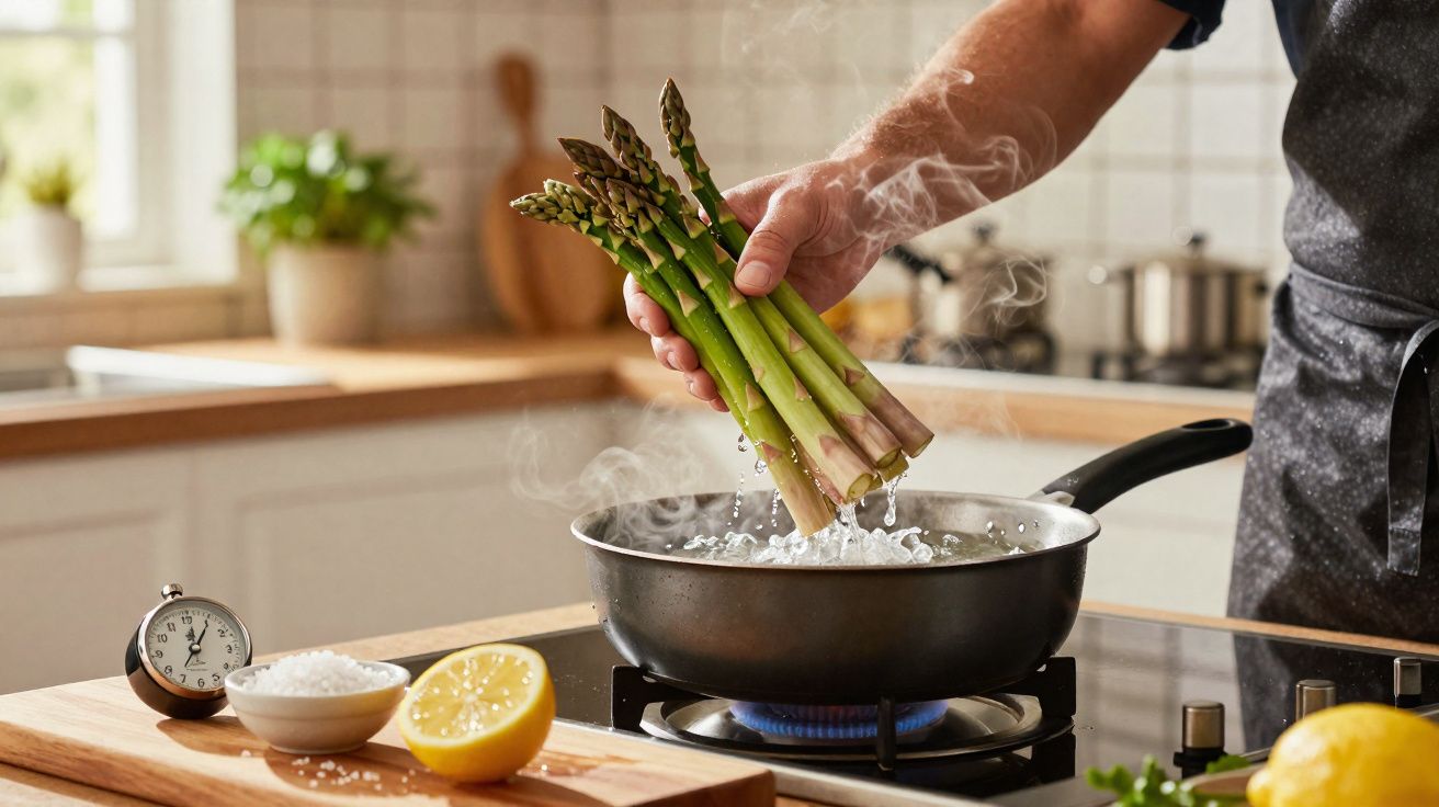 Pessoa colocando aspargos frescos em panela com água fervente em cozinha iluminada e limpa.