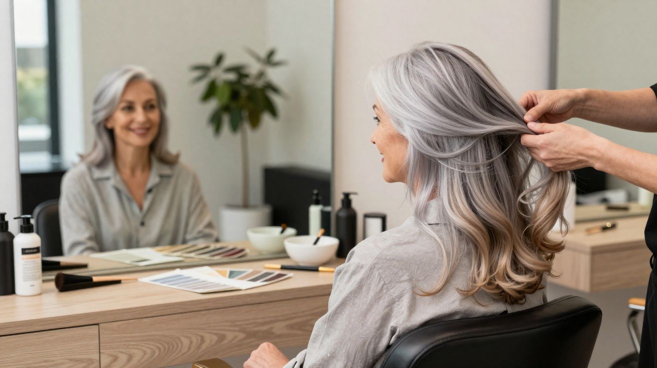 Mulher idosa com cabelo grisalho sendo penteada em salão de beleza, olhando no espelho sorrindo.