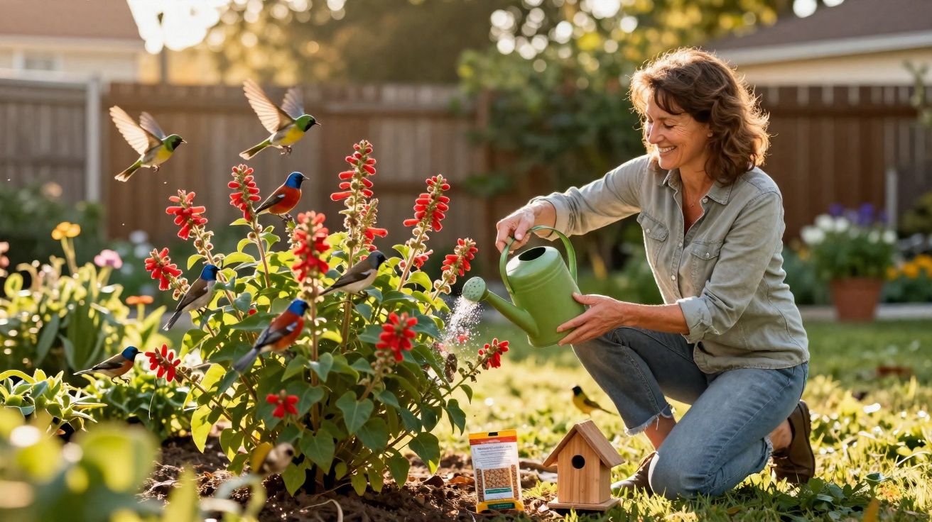 Mulher regando flores vermelhas no jardim enquanto pássaros coloridos voam ao redor.