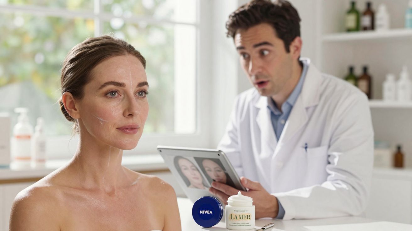 Paciente recebe avaliação dermatológica enquanto médico consulta imagens digitais para tratamento facial.