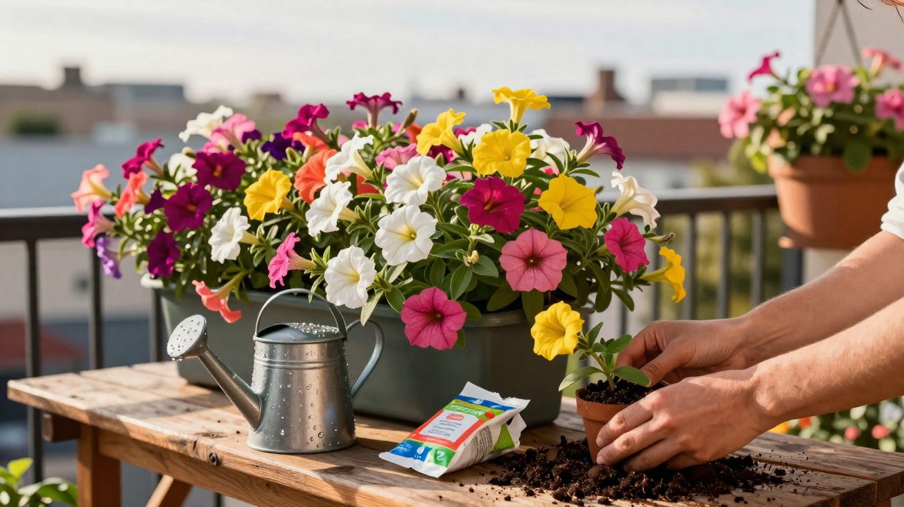 Pessoa transplantando planta em vaso pequeno com regador, flores coloridas e adubo em mesa de madeira.
