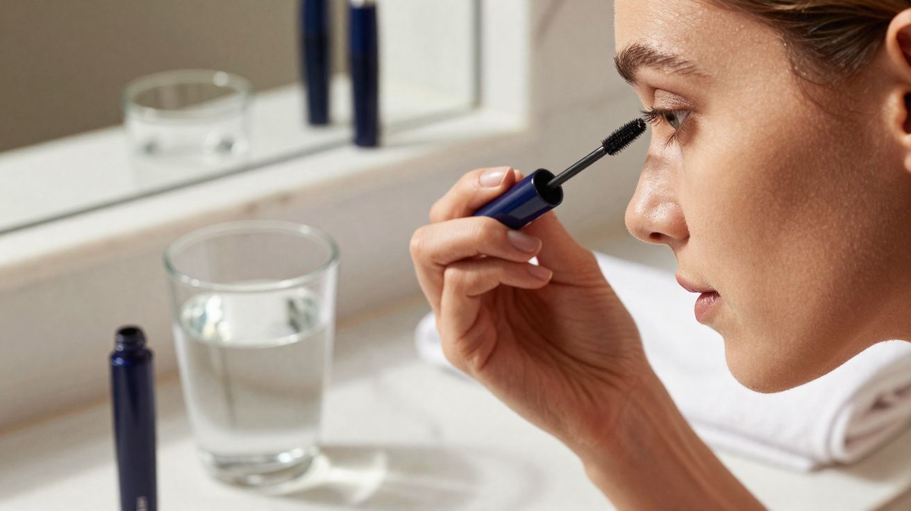 Mulher aplicando rímel nos cílios em frente ao espelho, com copo d'água na pia.