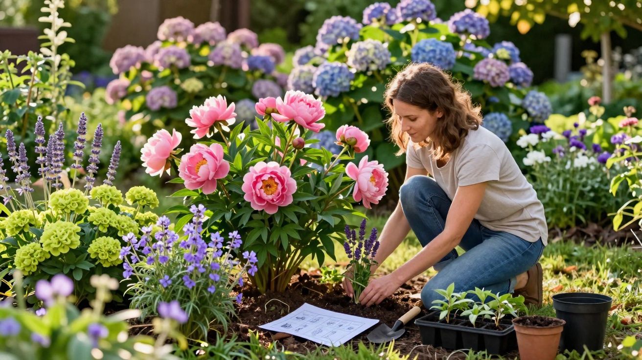 Mulher cuidando de plantas floridas em jardim ensolarado, com flores rosa, lilás e azul ao redor.