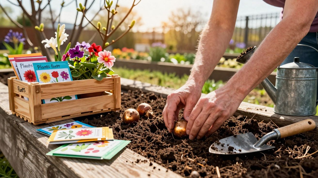 Pessoa plantando bulbos de flores em canteiro com sementes e regador ao lado.