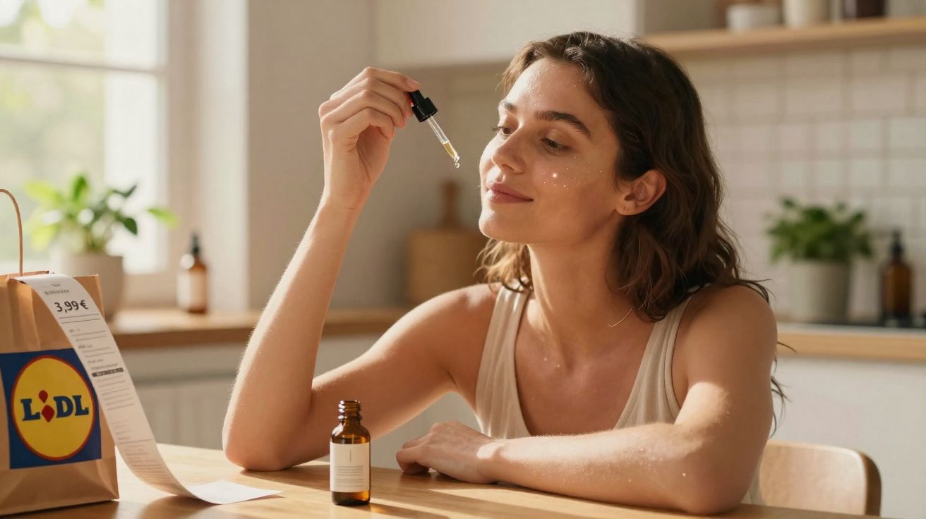Mulher aplicando sérum facial com conta-gotas em ambiente de cozinha iluminada.