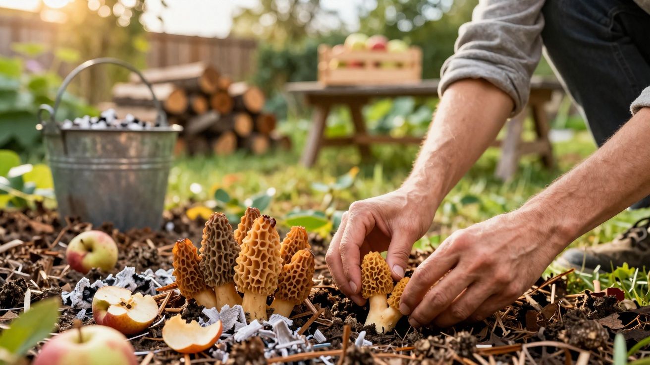 Pessoa colhendo cogumelos Morel em um jardim com maçãs e balde de metal ao fundo.
