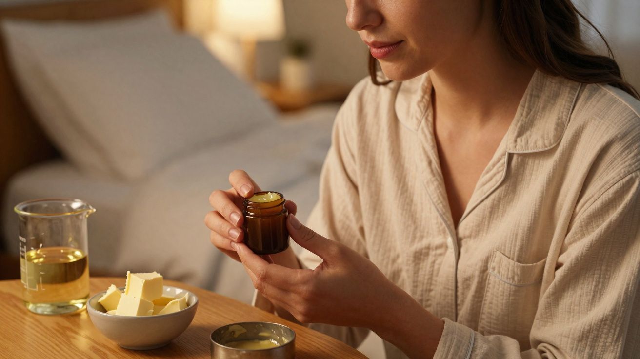 Mulher em pijama segurando pote de creme natural, com ingredientes como manteiga e óleo sobre a mesa.