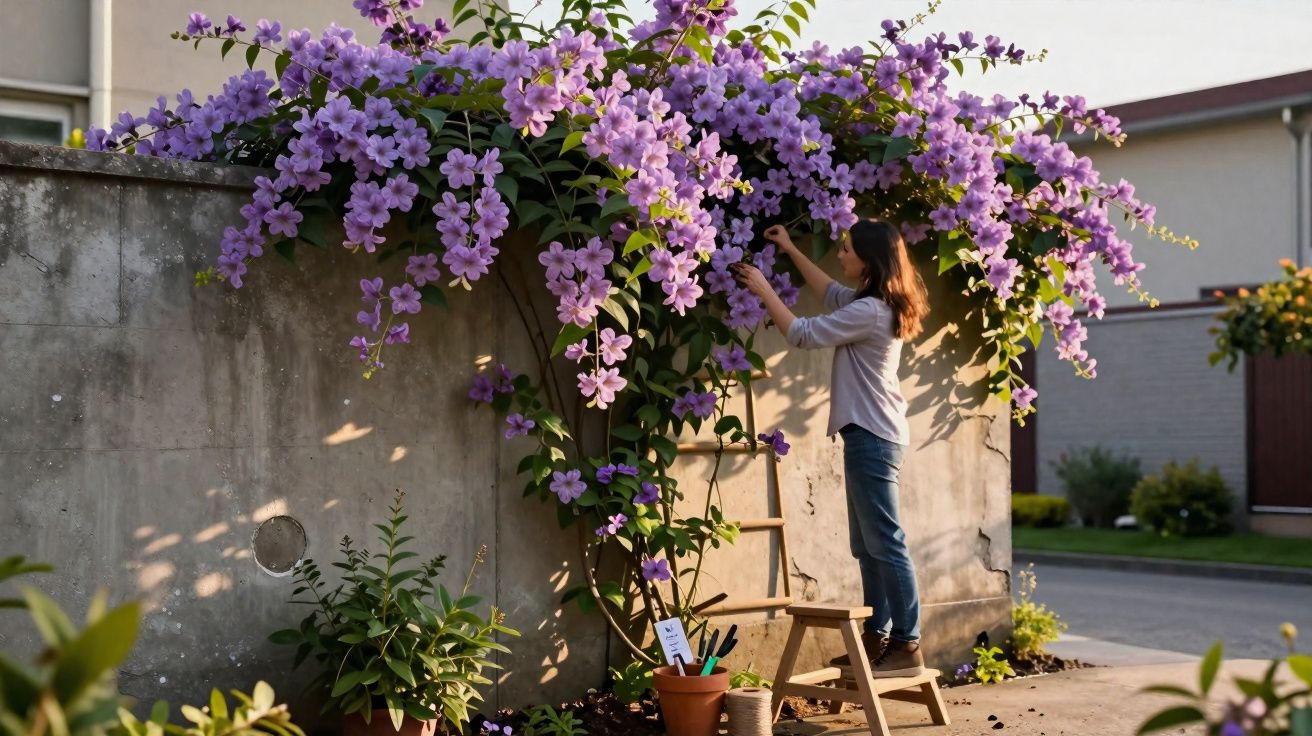 Mulher cuidando de flores roxas em uma trepadeira apoiada em um muro de concreto ao ar livre.