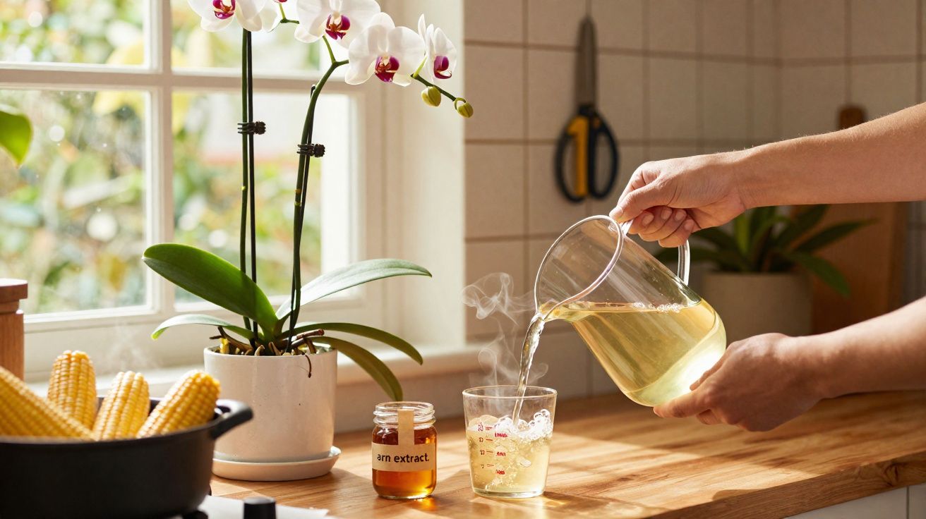 Pessoa despejando líquido quente em copo medidor na cozinha, perto de orquídea e potes com ingredientes.