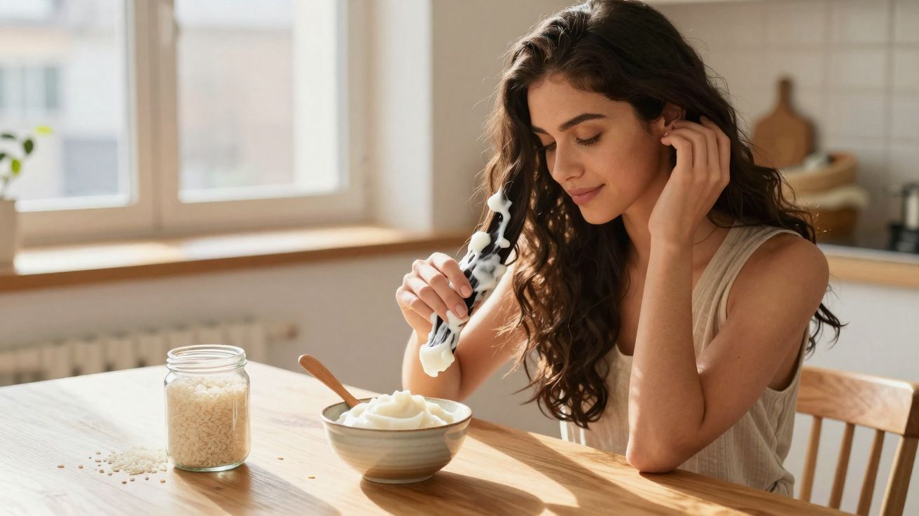 Mulher preparando tigela de mingau ou purê na cozinha ensolarada, com jarra de arroz ao lado.
