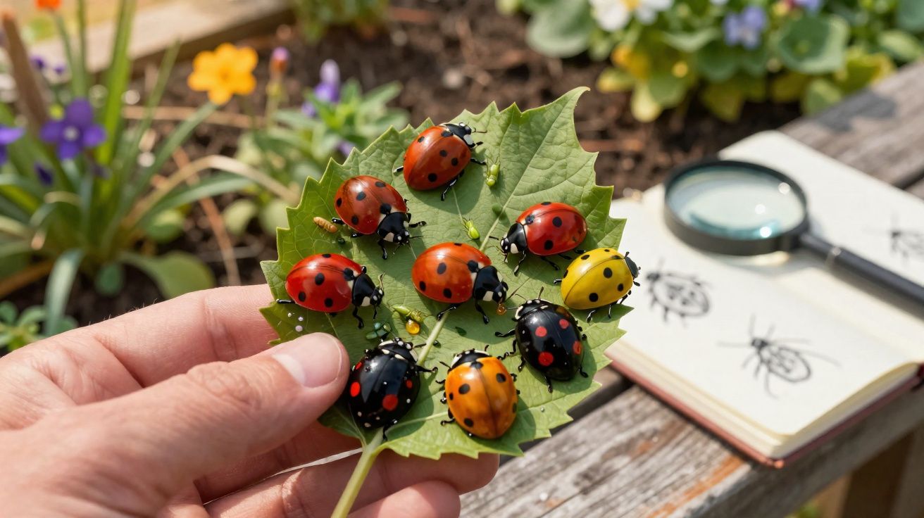 Mão segurando folha com joaninhas coloridas e caderno aberto com desenhos de joaninhas ao fundo.