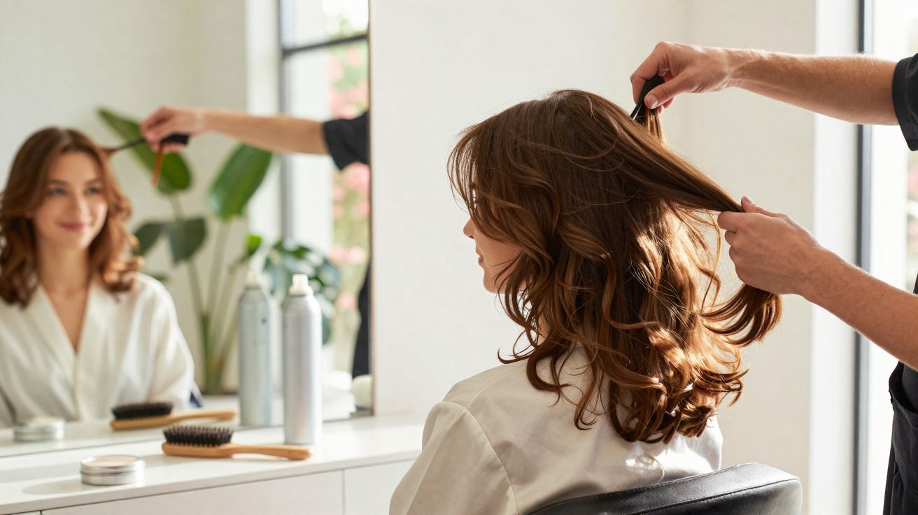 Mulher de cabelos castanhos sendo penteada por cabeleireiro em salão de beleza com espelho ao fundo.