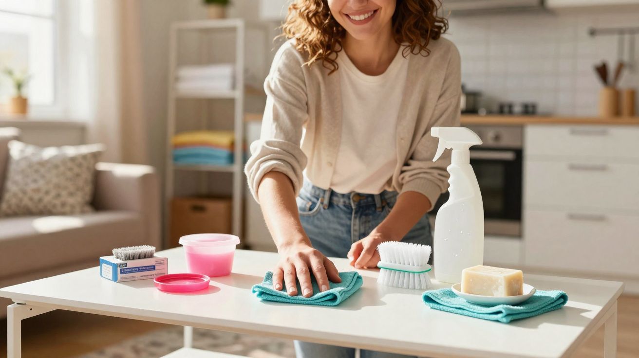 Mulher sorrindo limpando mesa branca com pano, ao lado de escova, sabão e borrifador na cozinha.