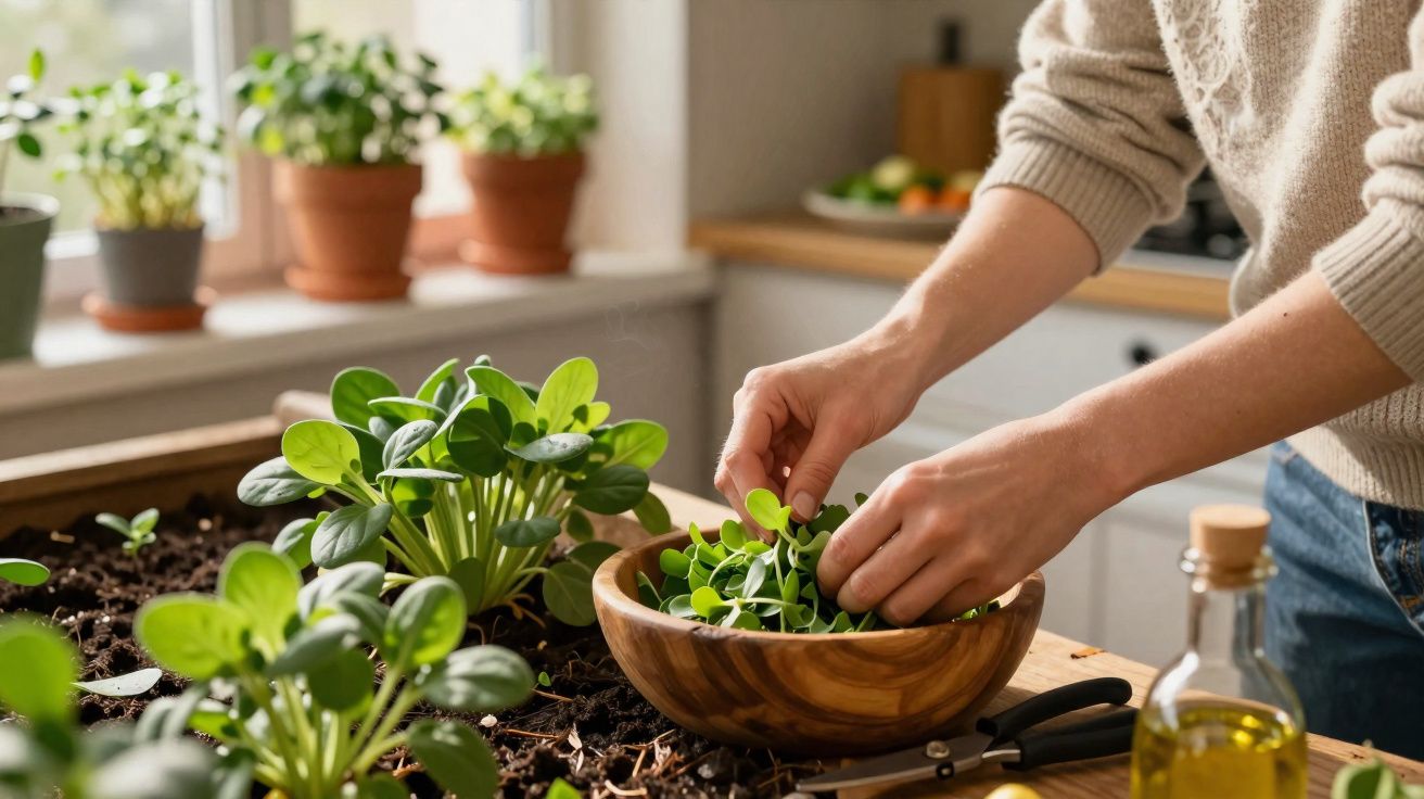Pessoa colhendo folhas verdes em uma horta caseira dentro da cozinha, com plantas em vasos ao fundo.