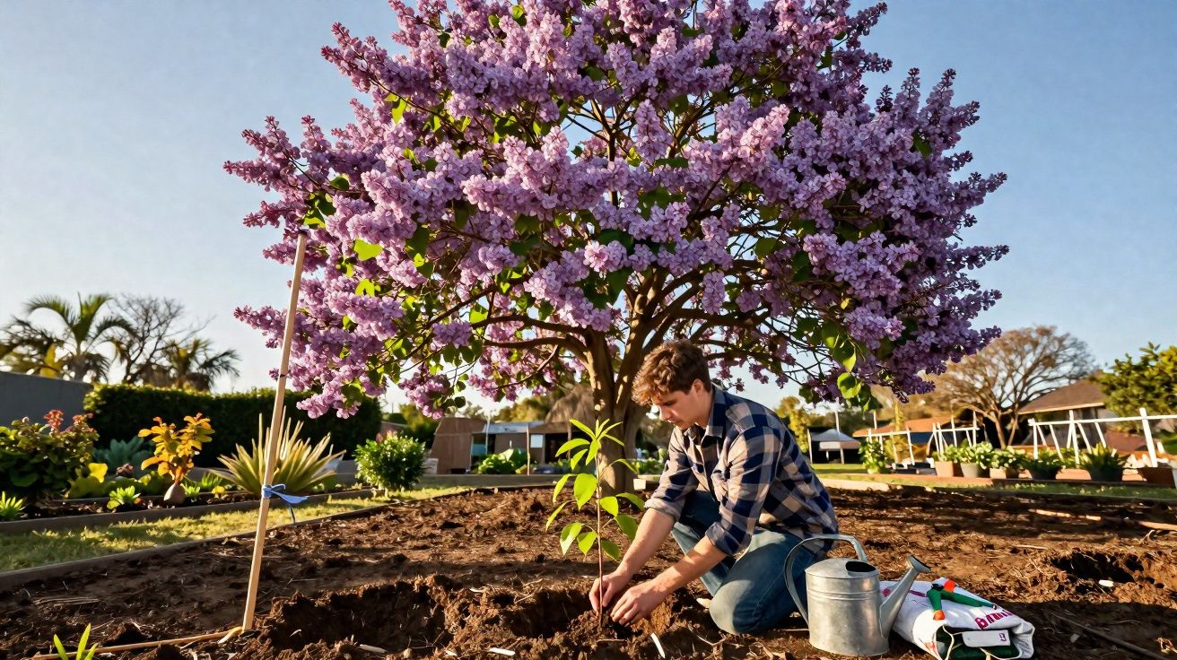 Homem plantando muda ao pé de árvore florida com flores roxas em área externa ensolarada.