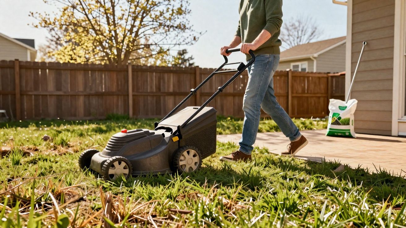 Pessoa cortando grama com cortador elétrico em jardim residencial durante dia ensolarado.