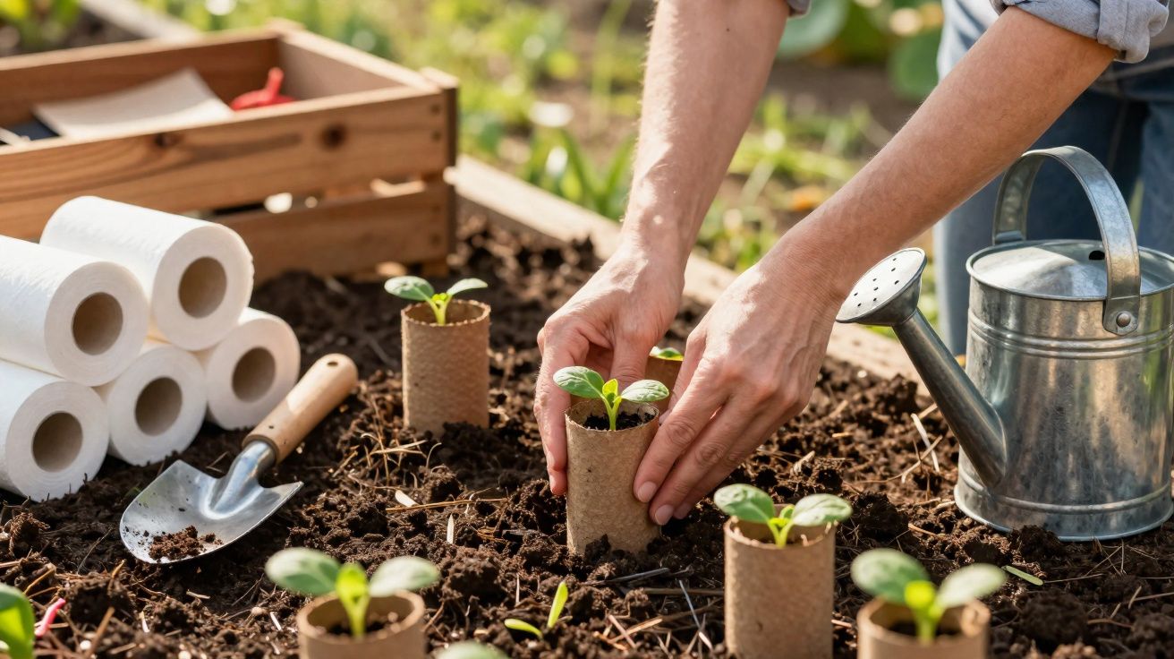 Pessoa plantando mudas em pequenos vasos de papel biodegradável em solo fértil com regador ao lado.