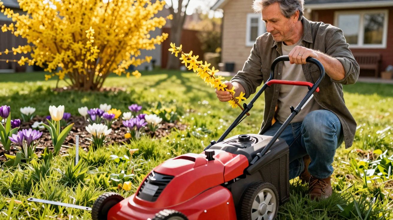 Homem ajoelhado no jardim segurando flores amarelas ao lado de cortador de grama vermelho.