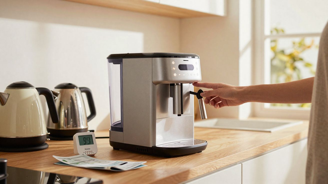 Pessoa acionando máquina de café expresso em bancada de cozinha com chaleiras e temporizador.