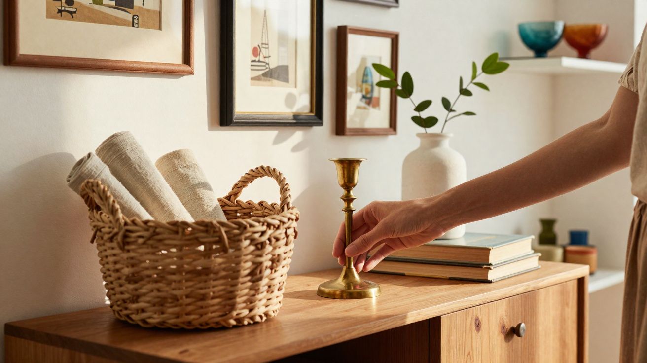 Mão segurando castiçal de metal sobre móvel de madeira com cesta de palha, toalhas e vasos decorativos.