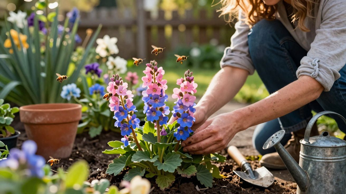 Pessoa cuidando de flores rosa e azul em jardim, com regador e abelhas voando ao redor.