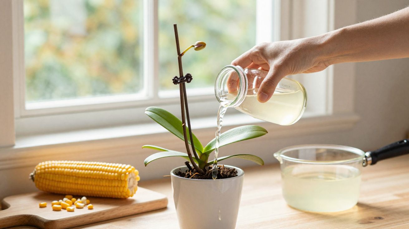 Pessoa regando orquídea com líquido claro, com uma espiga de milho em uma tábua perto da janela.