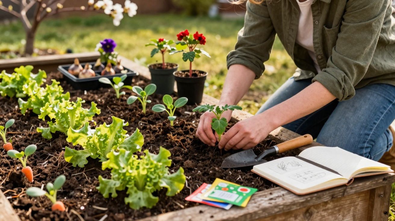 Pessoa plantando muda em canteiro com alface, sementes, flores e caderno aberto em área externa.
