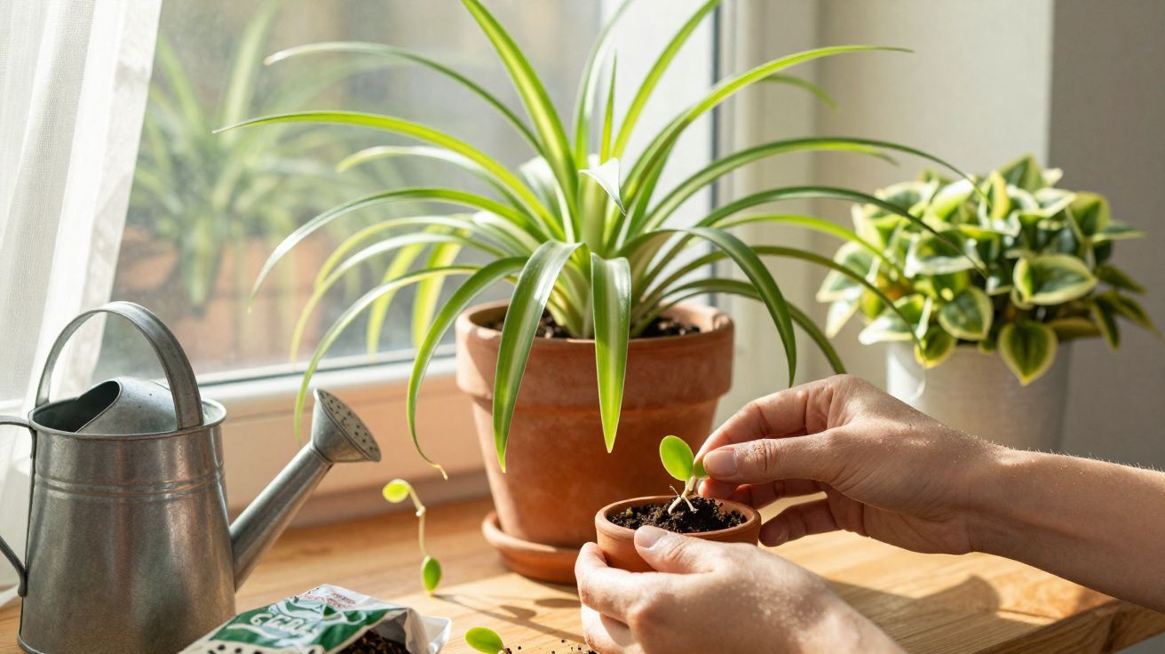 Mãos plantando muda em vaso pequeno próximo a regador e plantas em vasos maiores perto da janela iluminada.