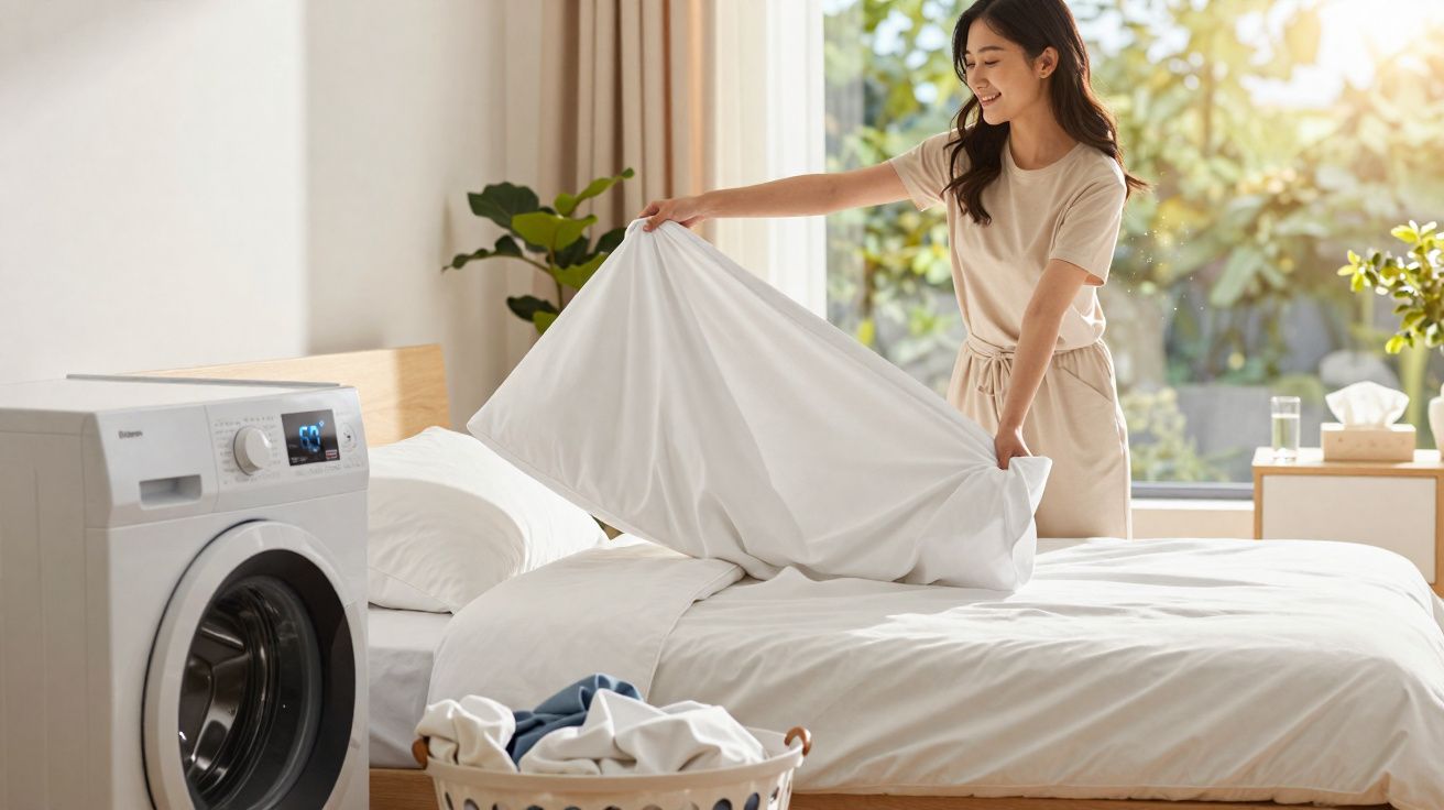 Mulher sorrindo arruma lençol no quarto iluminado com máquina de lavar e cesta de roupas ao lado.