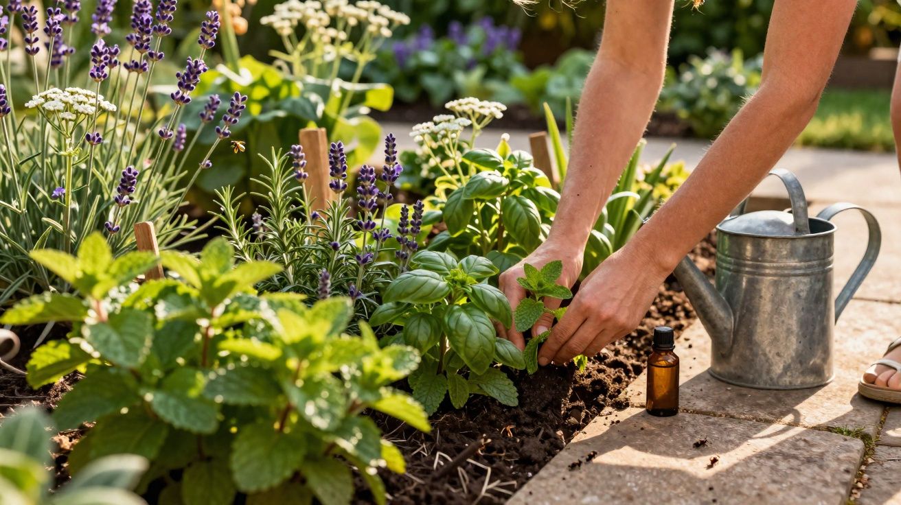 Mãos cuidando de ervas aromáticas em canteiro ensolarado com regador e frasco pequeno ao lado.