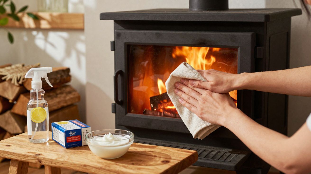 Mãos aquecendo perto de lareira, com mesa de madeira contendo spray, creme e caixa.