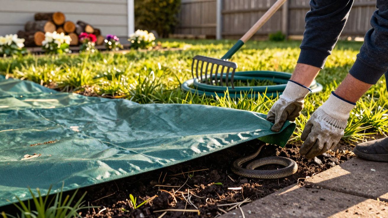 Pessoa usando luvas levantando uma lona verde em um jardim, revelando uma cobra no chão.