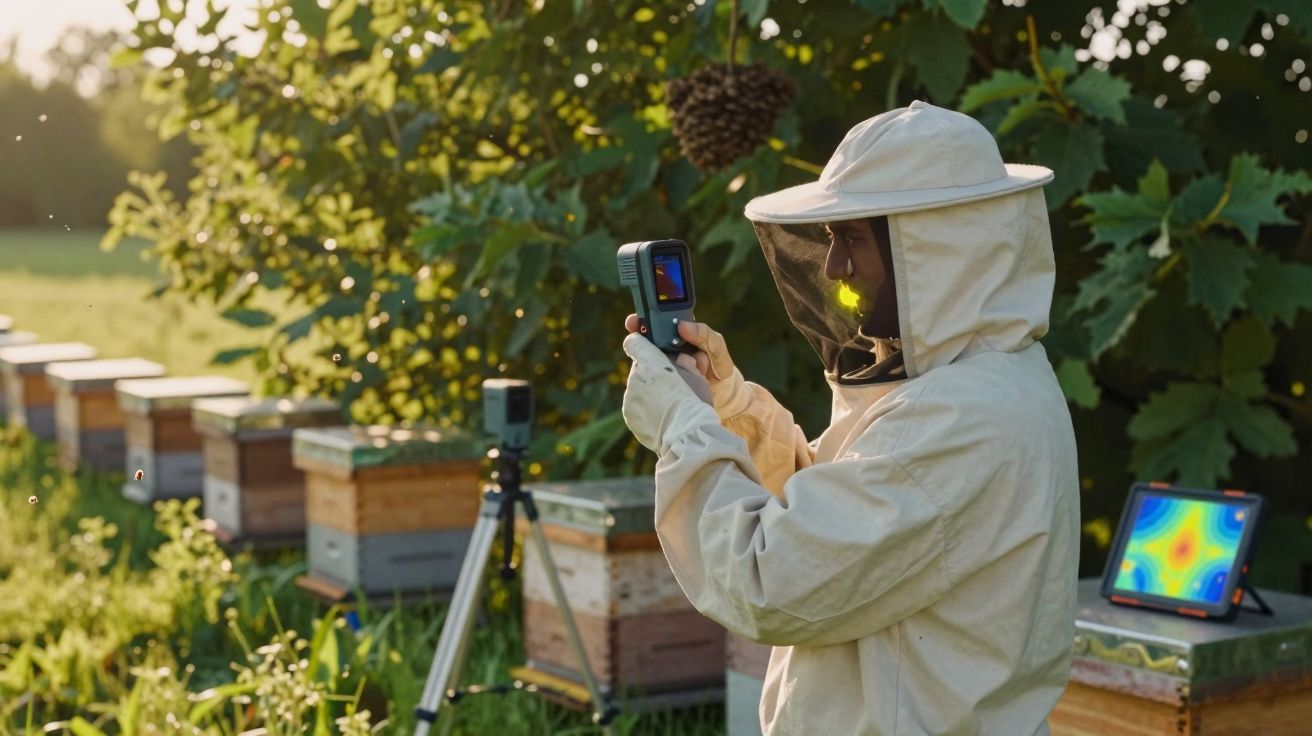 Pessoa com roupa de apicultor usando câmera térmica perto de colmeias em área verde ao entardecer.