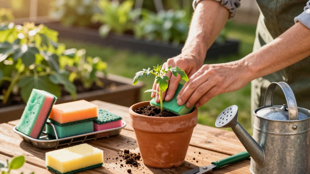 Pessoa limpando vaso de planta com esponja verde em mesa de madeira ao ar livre.