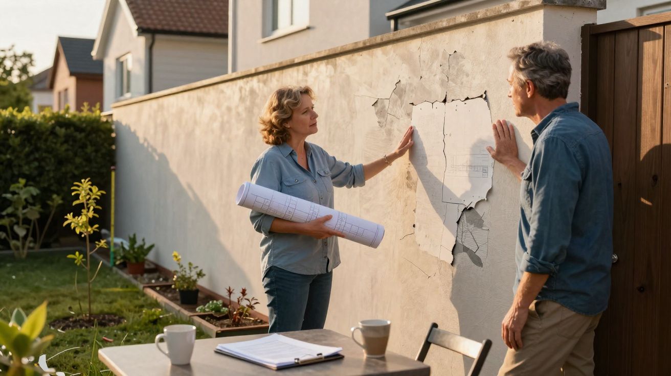 Casal analisando rachaduras na parede externa de casa durante o dia, com plantas ao fundo.