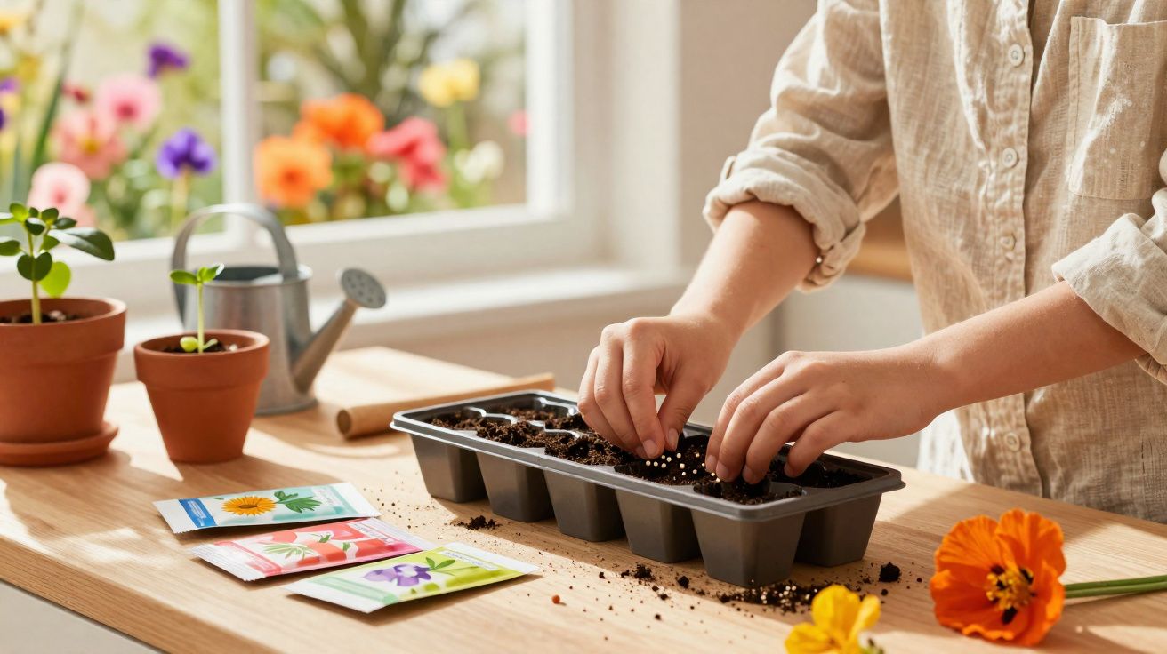 Pessoa plantando sementes em bandeja de mudas com pacotes de sementes e flores ao redor em ambiente interno.