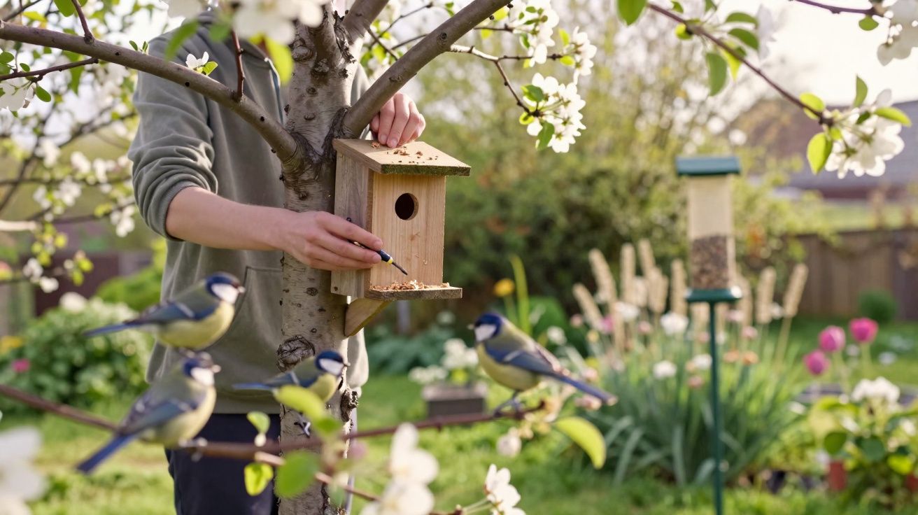 Pessoa instalando uma casinha de pássaros em árvore florida com pássaros observando em um jardim.