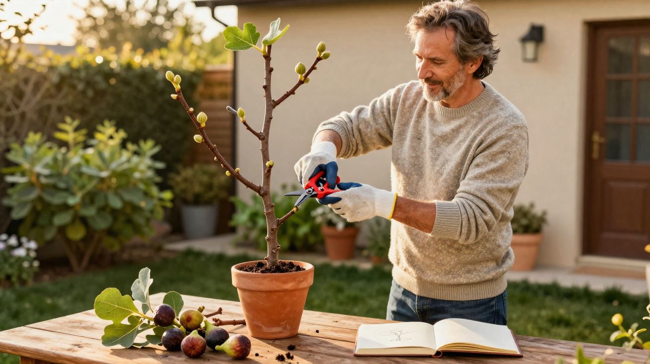 Homem podando planta em vaso em mesa de madeira com livro aberto em jardim ao entardecer.