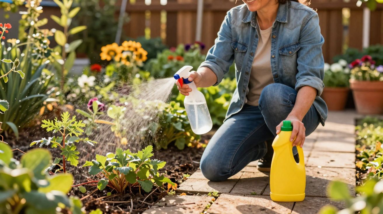 Pessoa agachada regando plantas no jardim com borrifador e segurando recipiente amarelo.