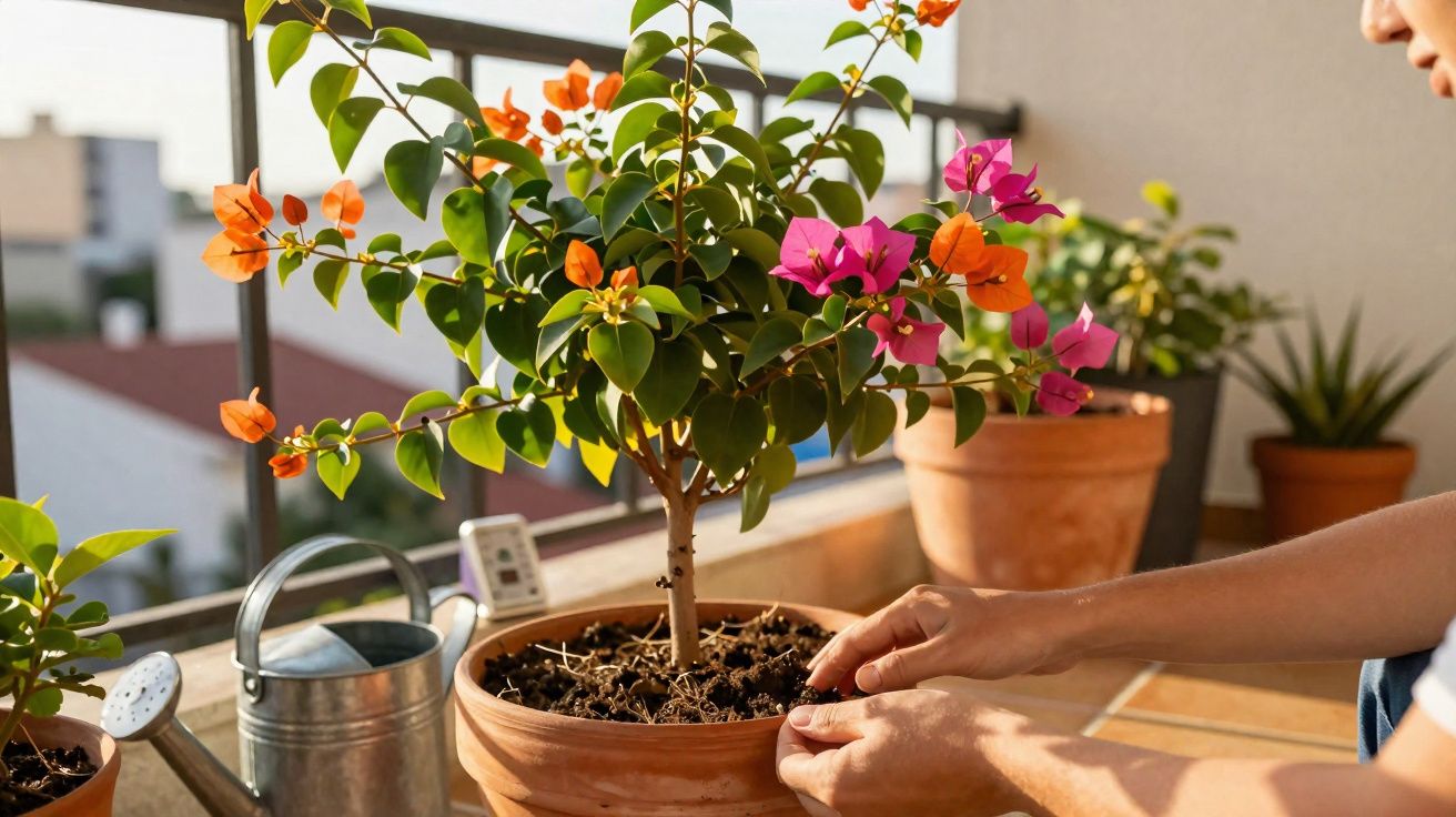 Pessoa cuidando de planta com flores laranjas e rosas em vaso terracota em varanda ensolarada.